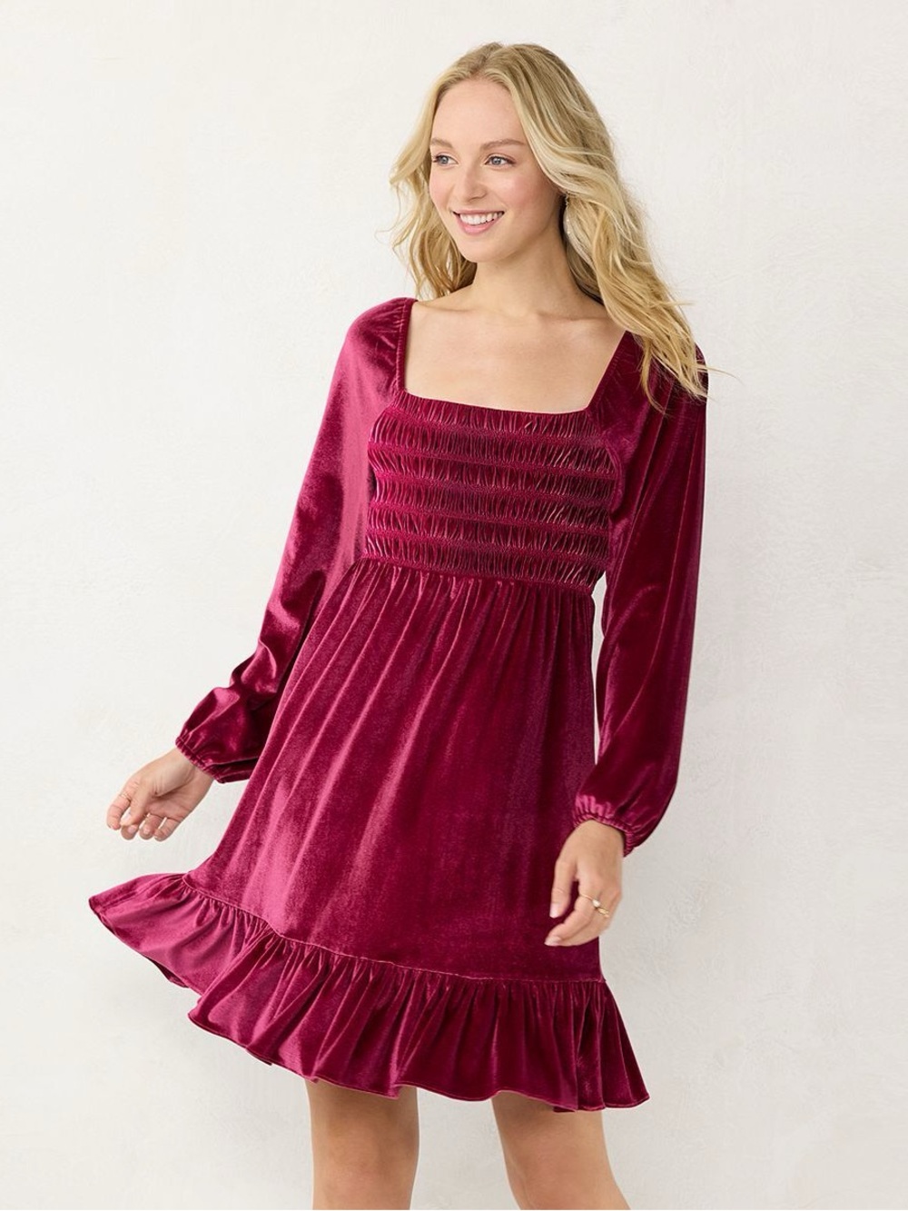 LC Lauren Conrad Smocked Velvet Long Sleeve Mini Dress in Wine - Size: Small